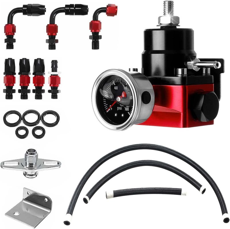 Plobeda EFI Fuel Pressure Regulator Kit with Bypass Return 0-100psi Pressure Gauge AN6-6AN Fuel Line Hose Fitting Connectors Kit Adjustable Universal Aluminum Black & Red - Image 1